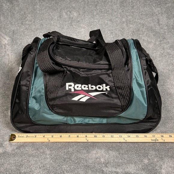 Vintage 1993 Reebok Duffle Bag Black Teal Nylon Gym Travel Vector Logo RN 69421 - Picture 2 of 12